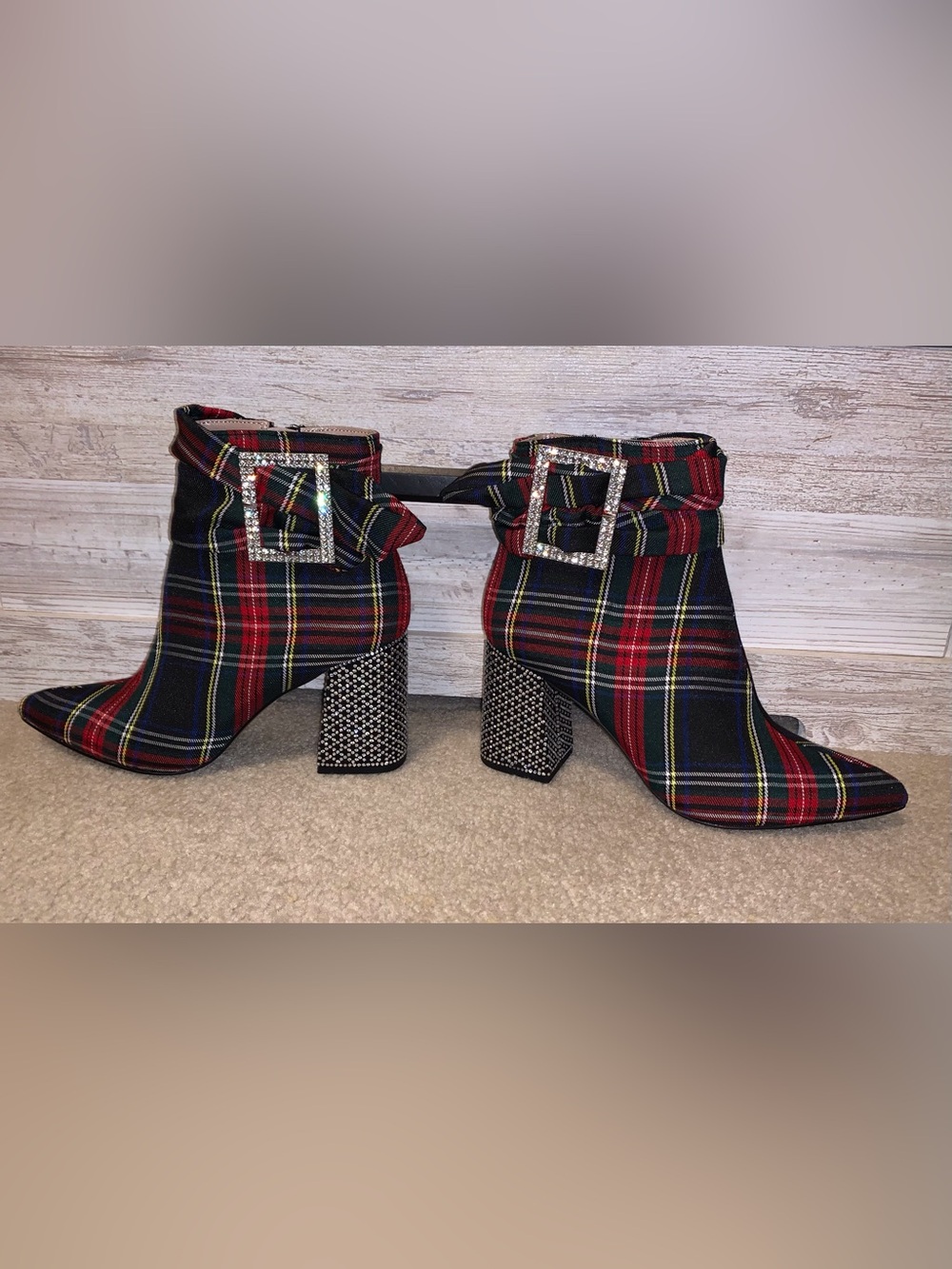 BETSEY JOHNSON Tartan Plaid Ankle Boots with Rhinestones